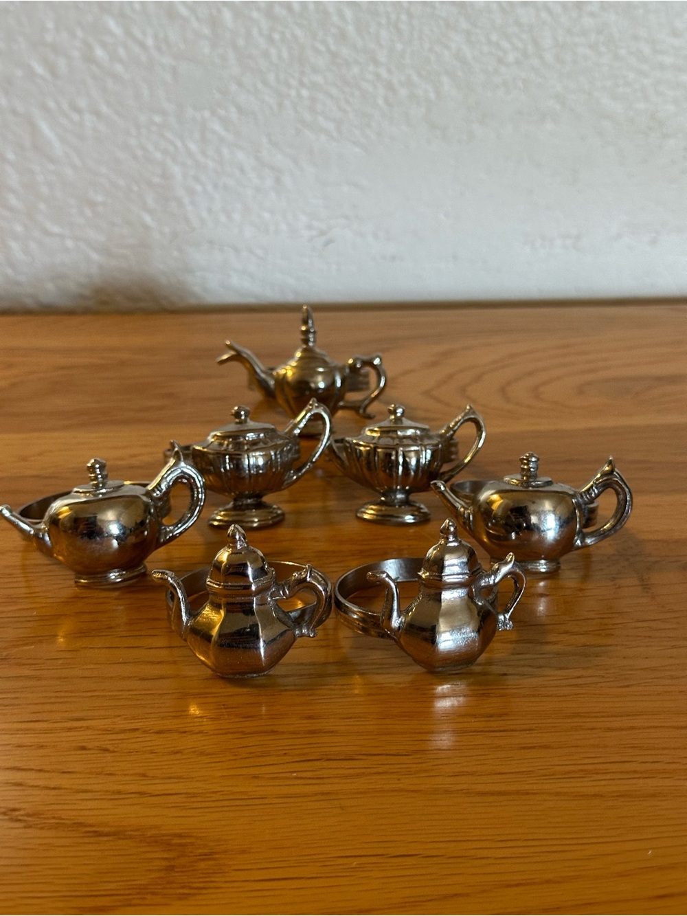 Vtg Silver Plated Teapot Napkin Ring Holder India Set of 7